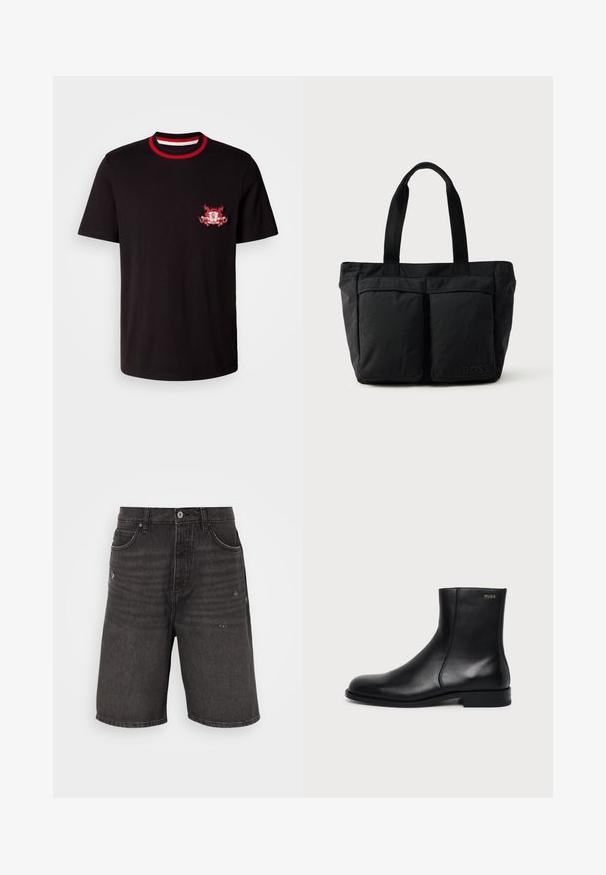 Schwarzes Baumwoll-T-Shirt mit einem rundem, rot-weißen Rippkragen. Es hat ein rot-weiß gesticktes Logo auf der linken Brust.; Schwarze Jeansshorts mit lockerer Passform, die über Fronttaschen, eine gebraucht aussehende Textur und einen klassischen Bund mit einem einzelnen Knopfverschluss verfügen.; Schwarzer Leder-Knöchelstiefel mit niedrigem Absatz, seitlicher Naht und kleinem "HUGO" Logo am oberen Schaft vor einfarbigem Hintergrund.; Schwarze Tragetasche aus weichem Stoff, mit zwei vorderen Taschen und stabilen Tragegriffen. Logo an der Seite angebracht. Einfaches, funktionales Design.