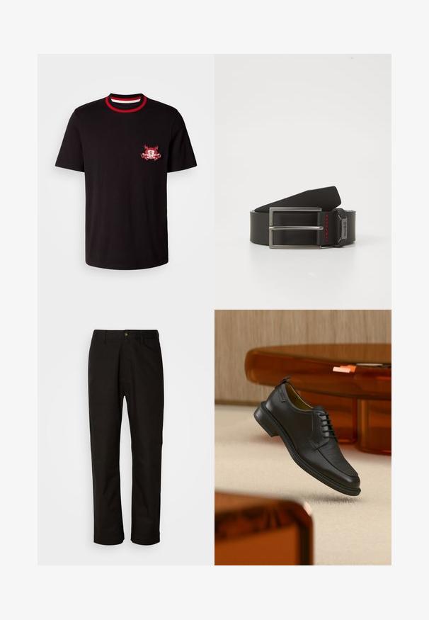 Camiseta de algodón negra con un cuello redondo acanalado en rojo y blanco. Tiene un logotipo bordado en rojo y blanco en el lado izquierdo del pecho.; Pantalones de algodón negros con corte recto, presillas para el cinturón, cremallera frontal y un solo botón de cierre. Textura suave sin patrones visibles.; Zapato de vestir negro de piel con cordones y parte delantera texturizada, flotando sobre una alfombra beige en una habitación moderna con muebles de tono ámbar.; Cinturón de cuero negro con una hebilla de metal plateado y una costura en rojo como detalle. El cinturón tiene un acabado liso y una forma rectangular.