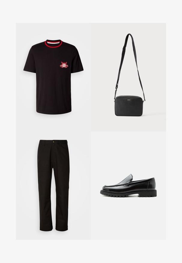 Camiseta de algodón negra con un cuello redondo acanalado en rojo y blanco. Tiene un logotipo bordado en rojo y blanco en el lado izquierdo del pecho.; Pantalones de algodón negros con corte recto, presillas para el cinturón, cremallera frontal y un solo botón de cierre. Textura suave sin patrones visibles.; Mocasín de cuero negro con suela de goma gruesa, empeine cosido y nombre de la marca en relieve en el talón, mostrado en perfil lateral sobre fondo blanco.; Bolso bandolera rectangular negro con correa ajustable y logo BOSS en la parte delantera, sobre un fondo claro liso.