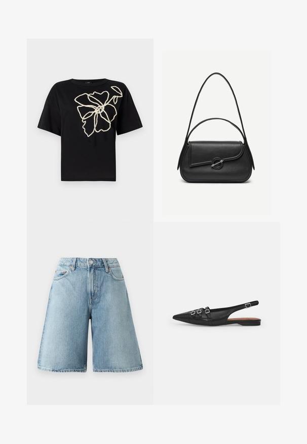 Zwarte t-shirt met korte mouwen met een bloemmotief in gemarmerde crème borduurwerk aan de voorkant, met een ontspannen pasvorm en ronde hals.; Lichtblauwe denim shorts met een losse pasvorm, middelhoog taille, vijf zakken en contrasterende stikdetails. De stof heeft een zachte textuur.; Zwarte leren slingback ballerina met spitse neus, voorzien van twee horizontale bandjes en vierkante zilveren gespen, lage hak en een gladde textuur.; Zwarte leren handtas met afgeronde hoeken, asymmetrische klep, metalen ronde sluiting en zowel korte als lange schouderriemen.