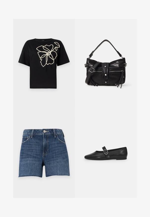 Zwarte t-shirt met korte mouwen met een bloemmotief in gemarmerde crème borduurwerk aan de voorkant, met een ontspannen pasvorm en ronde hals.; Donkerblauwe denim shorts met een raw hem. Beschikt over een vijf-pocket ontwerp en een metalen knoopsluiting aan de voorkant. Geprinte details overal.; Zwarte leren platte schoen met een ronde neus, een enkele verstelbare gespsluiting en een gladde, glanzende textuur. Minimalistisch ontwerp met een lage hak.; Even&Odd H24462 - Handtas - black