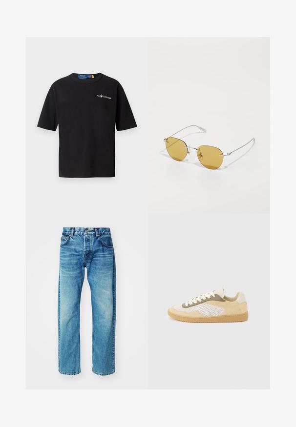 Sort bomulds-t-shirt med korte ærmer, rund hals og et hvidt logo på venstre bryst med "Polo Ralph Lauren" tekst.; Blå denimjeans med en afslappet pasform, der har fem lommer, en knaplukning og en subtil falming med en let, frayed kant.; Lav-top sneaker med beige ruskind, hvide meshpaneler, olivengrønne detaljer, hvide snørebånd og gummisål i karamelfarve på en lysegrå baggrund.; Gulfarvede solbriller med en slank sølvramme, der har en oval form og minimalisk design. Inkluderer tynde metalstænger og justerbare næsepuder.