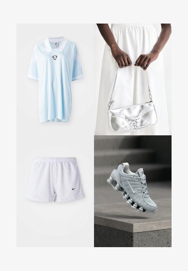Svietlo modrý dres Nike s výstrihom do V, krátkymi rukávmi a čiernym logom Nike na strede. Vyrobený z priedušnej, textúrovanej látky.; Biele, rebrované športové šortky s elastickým pásom a malým čiernym logom Nike na dolnej ľavej strane. Jednoduchý, minimalistický dizajn.; Svetlosivá bežecká topánka Nike s odpruženou pružinovou podrážkou vznášajúca sa nad betónovým okrajom, rozmazané pozadie schodiska.; Strieborná metalická kabelka s šnurovaním, vyznačujúca sa elegantným dizajnom a krátkym popruhom. Kabelka je držaná v rukách, čo predvádza jej textúru.