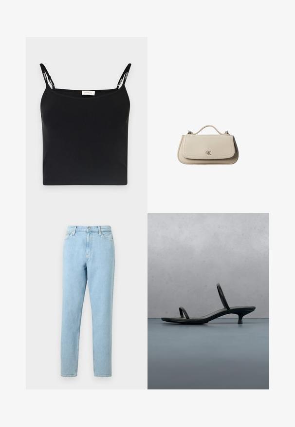 Sort ribbet top med tynde stropper og Calvin Klein branding. Enkel, tætsiddende design med en glat tekstur og uden yderligere mønstre.; Lyseblå denimjeans med lige ben, femlommers design og knaplukning. Har subtilt slid og en glat tekstur.; Sort Calvin Klein sandal med hæl og tynde stropper, balancerende på træfliser udendørs nær en væg og grønne planter.; Lille beige læderhåndtaske med top håndtag og sølv CK-logo på frontklap, vist mod en hvid baggrund.