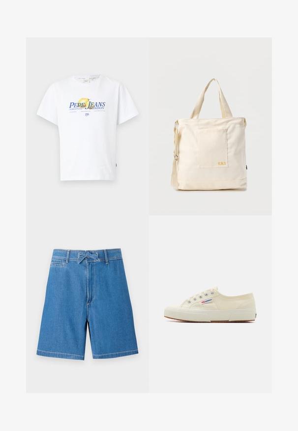 Biela bavlnená tričko s grafickým potlačou obsahujúcim text "PEPE JEANS LONDON" a ilustráciou citrónu. Krátke rukávy a voľný strih.; Džínové šortky v svetlom modrom odtieni s pásom na stiahnutie, prednými vreckami a kontrastným prešívaním. Klasický dizajn, strih po kolená.; Béžové plátené tenisky s nízkym profilom, kovovými očkami a gumovou podrážkou. Obsahujú textúrovaný vzor a detail loga na boku.; Krémová plátenná taška typu tote s predným vreckom, dvoma rukoväťami, nastaviteľným ramenným popruhom a malým žltým nápisom "O.N.S" v dolnom pravom rohu vrecka.