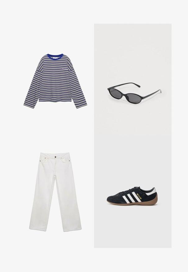 Chemise à manches longues avec des rayures horizontales en marron, blanc et bleu, dotée d'un col bleu et d'un petit texte sur la poitrine gauche.; Jean blanc à jambes larges avec fermeture avant à boutons et fermeture éclair, design à cinq poches et coutures visibles sur un fond uni.; Baskets en daim noir avec trois bandes blanches, semelle en caoutchouc beige, et un petit logo doré sur le côté. Dotées d'une doublure intérieure noire lisse.; Lunettes de soleil à monture ovale noire avec verres teintés foncés, branches fines et nom de la marque discret à l'intérieur de la branche gauche.