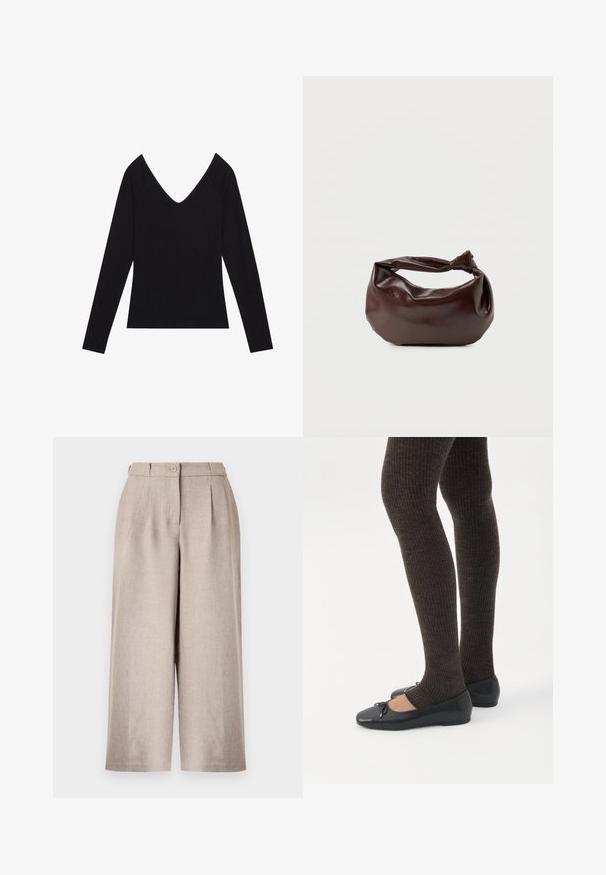 T-shirt noir à manches longues avec texture côtelée et décolleté en V profond, présentant des manches ajustées et un ourlet droit. Le matériau est en tissu extensible.; Pantalon beige taille haute à jambes larges avec plis sur le devant, fermeture par bouton et passants pour ceinture sur fond blanc.; Jambes portant des leggings côtelés foncés associés à des ballerines noires avec de petits détails en nœud sur fond blanc.; Sac bandoulière en cuir marron foncé avec une forme souple et décontractée et une anse nouée torsadée sur un fond blanc uni.