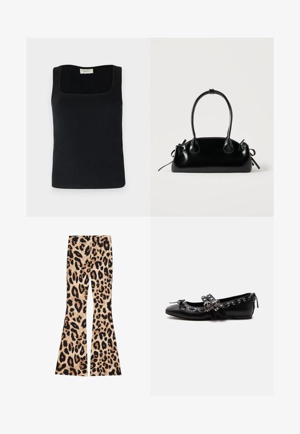 Top sin mangas negro con escote cuadrado, hecho de una tela suave. Diseño simple sin patrones ni acentos visibles.; Pantalones acampanados de estampado de leopardo que presentan una textura acanalada, en colores beige y negro, con patrones de manchas variables a lo largo de la tela.; Zapato de ballet plano negro con correas de doble hebilla, ojales plateados y un pequeño lazo cerca de la puntera redondeada sobre un fondo blanco.; Pequeño bolso negro brillante con dos asas largas y detalles de cordón lateral sobre un fondo claro liso.