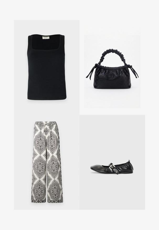 Top sin mangas negro con escote cuadrado, hecho de una tela suave. Diseño simple sin patrones ni acentos visibles.; Pantalones de pierna ancha en crema con un patrón de diamantes negro y ornamental. Presentan una cinturilla elástica con un detalle de lazo y una textura suave.; Zapato plano de piel negra con puntera afilada, detalle fruncido alrededor de la abertura y un acento de hebilla plateada en la correa ajustable.; Bolso negro con textura de cocodrilo, borde superior fruncido, asa recogida y cordones con borlas en cada lado sobre un fondo blanco.