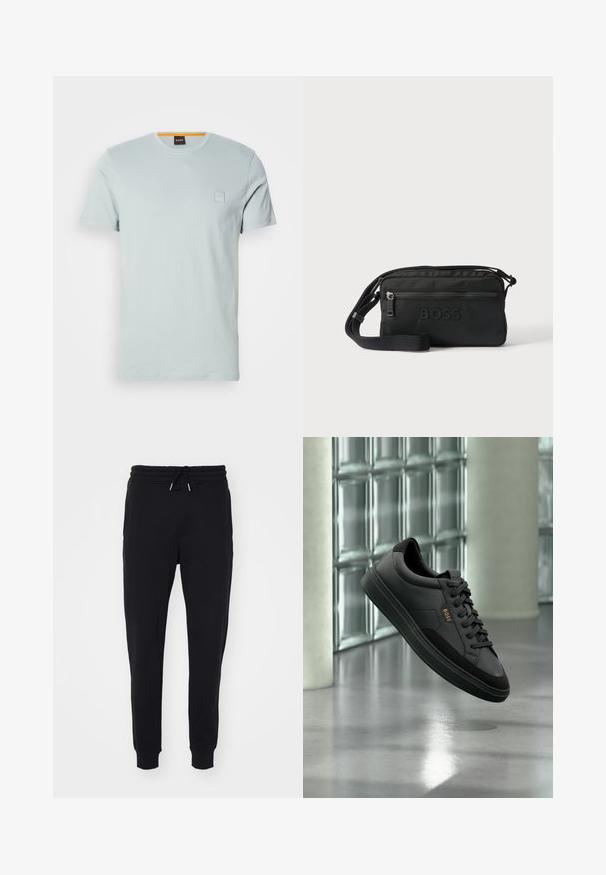 T-shirt en coton bleu clair avec des manches courtes, col rond et un logo discret sur la poitrine gauche. Texture lisse et coupe régulière.; Pantalons de survêtement noirs en tissu doux, dotés d'une taille élastique avec cordon de serrage, de poches latérales et de finitions ajustées aux chevilles.; Sneaker basse en cuir noir avec lacets noirs et logo "BOSS" doré, affichée en suspension devant un mur en blocs de verre et un sol gris.; Sac bandoulière noir avec sangle réglable, poche zippée avant et logo BOSS embossé sur le panneau avant.