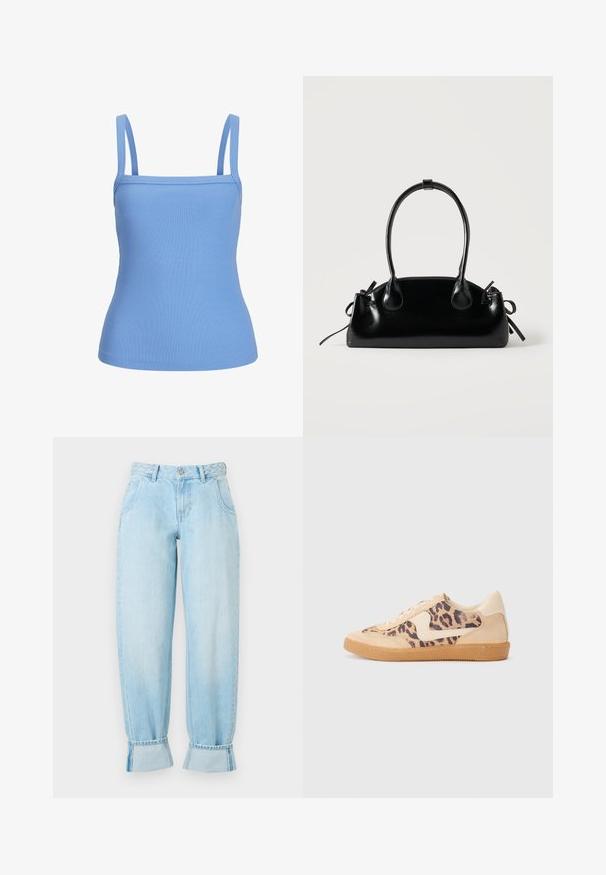 Top de tirantes delgados en azul claro con textura acanalada, silueta ajustada y suave al tacto. Sin patrones ni accesorios adicionales visibles.; Vaqueros de denim azul claro con cintura alta, detalle de cinturilla trenzada, corte holgado y puños enrollados en el dobladillo. Presenta bolsillos frontales.; Zapatillas de leopardo con parte superior de ante beige, suela de goma marrón y acentos blancos. Punta redonda y diseño con cordones con un acabado texturado.; Pequeño bolso negro brillante con dos asas largas y detalles de cordón lateral sobre un fondo claro liso.