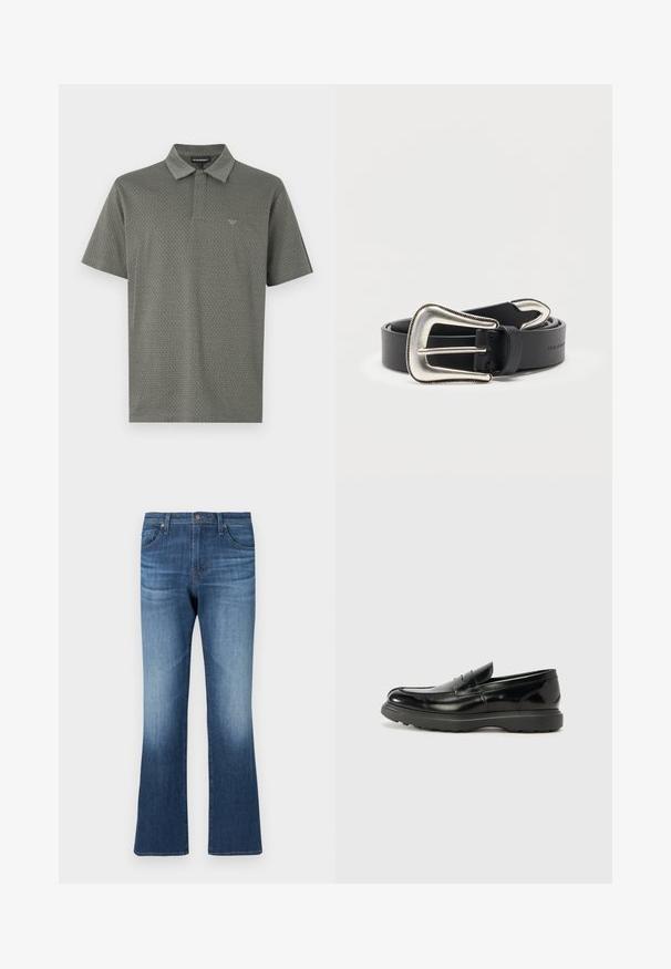 Polo à manches courtes de couleur vert foncé avec un motif géométrique texturé, col classique et logo discret brodé sur la poitrine.; Jean évasé en denim bleu foncé avec une finition délavée. Comprend cinq poches, des passants pour ceinture et une fermeture éclair avec un bouton.; Mocassin en cuir noir avec une finition brillante, bout arrondi, détails de couture subtils et semelle en caoutchouc épaisse pour la durabilité.; Ceinture en cuir noir avec une grande boucle de style western argentée et une pointe de ceinture argentée assortie, enroulée sur un fond blanc.