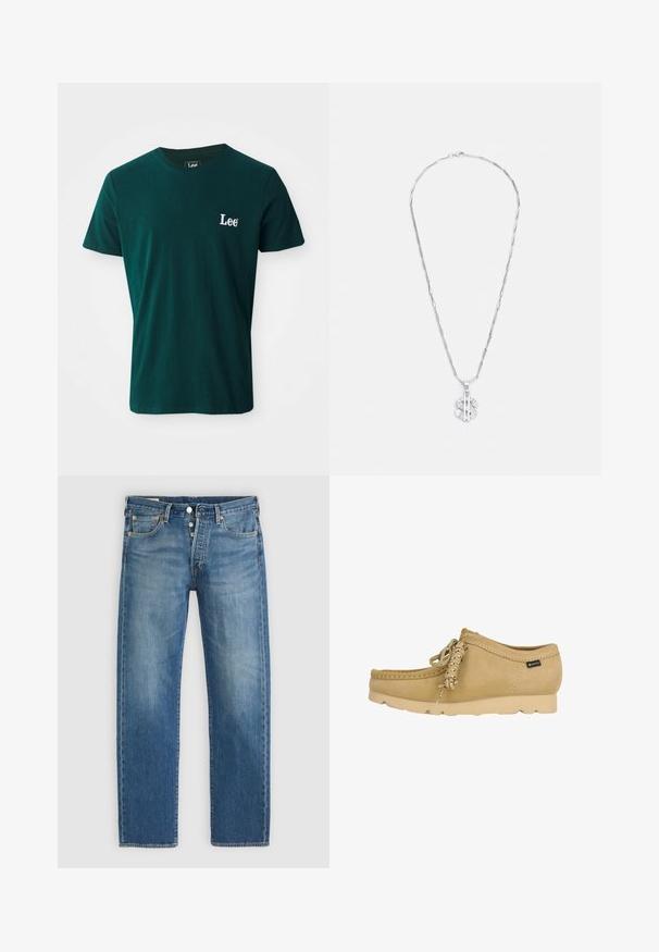 Camiseta de algodón de color verde oscuro con cuello redondo, mangas cortas y un logo blanco bordado de "Lee" en el lado izquierdo del pecho.; Jeans de mezclilla en azul claro con corte recto, que cuentan con cinco bolsillos, cierre de botón metálico y costuras amarillas en contraste.; Mocasín de ante beige con suela de goma, detalle de cordones y una pequeña etiqueta de tela Gore-Tex en el lateral.; Collar de plata con eslabones alargados y un colgante que presenta un signo de dólar, acentuado con cristales transparentes.
