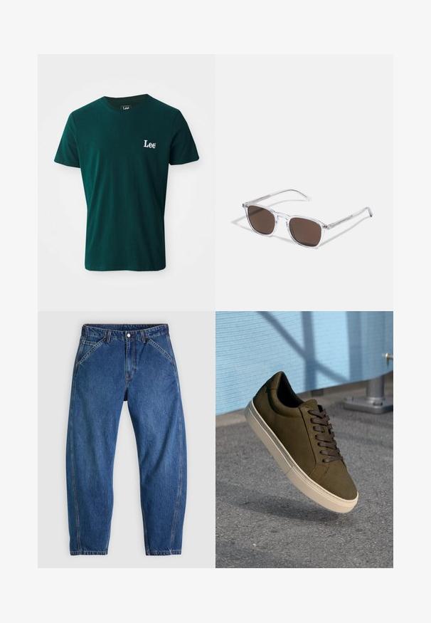Mørkegrøn t-shirt i bomuld med rund halsudskæring, korte ærmer og et hvidt broderet "Lee" logo på venstre bryst.; Blå denimjeans med afslappet pasform, med knaplukning, fem lommer og kontrasterende orange syninger. Glat tekstur over det hele.; Mørk olivengrøn suedesneaker med brune snørebånd, cremet gummisål, rund tå og glat tekstur mod en grå asfaltbaggrund.; Klare plastik solbriller med rektangulære brune linser, med tynde, transparente stænger og metal accenter på templerne.