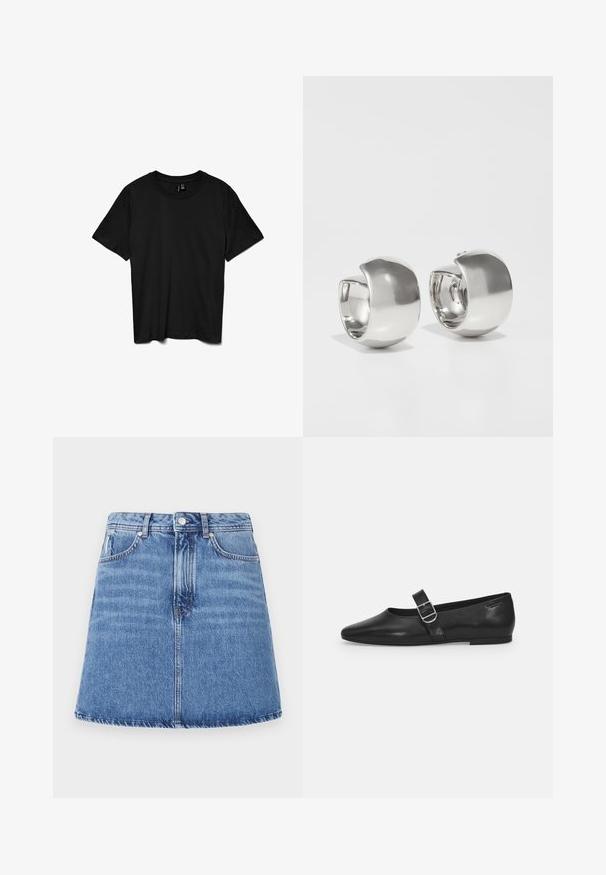 Camiseta negra de manga corta con cuello redondo, diseño liso, mostrada extendida sobre un fondo blanco.; Falda de mezclilla con forma acampanada en A, lavado azul claro, dos bolsillos frontales y un cierre de botón en la cintura. Detalle de costura visible.; Zapato plano de cuero negro con punta redondeada, una sola correa ajustable con hebilla y una textura suave y brillante. Diseño minimalista con un tacón bajo.; Uncommon Matters SCULPTURAL LARGE CREOLE - Pendientes - silver-coloured