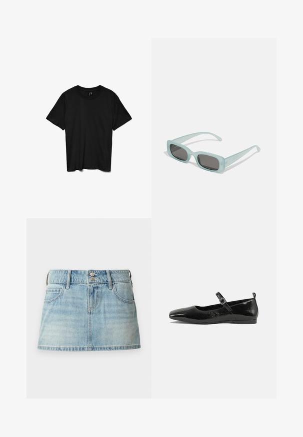 Sort t-shirt med korte ærmer og rund hals, ensfarvet design, lagt fladt på en hvid baggrund.; Denimnederdel i lys blå, med en tætsiddende talje, to forlommer, to-knapslukning og en frynset kant.; Sorte patentlæder flade sko med spidse tæer, en ankelrem med spænde og en glat, blank tekstur. Lav hæl for komfort.; Et par rektangulære solbriller med lyseblå gennemsigtige stel og mørkegrå linser, der har lige templer og minimale hardware detaljer.