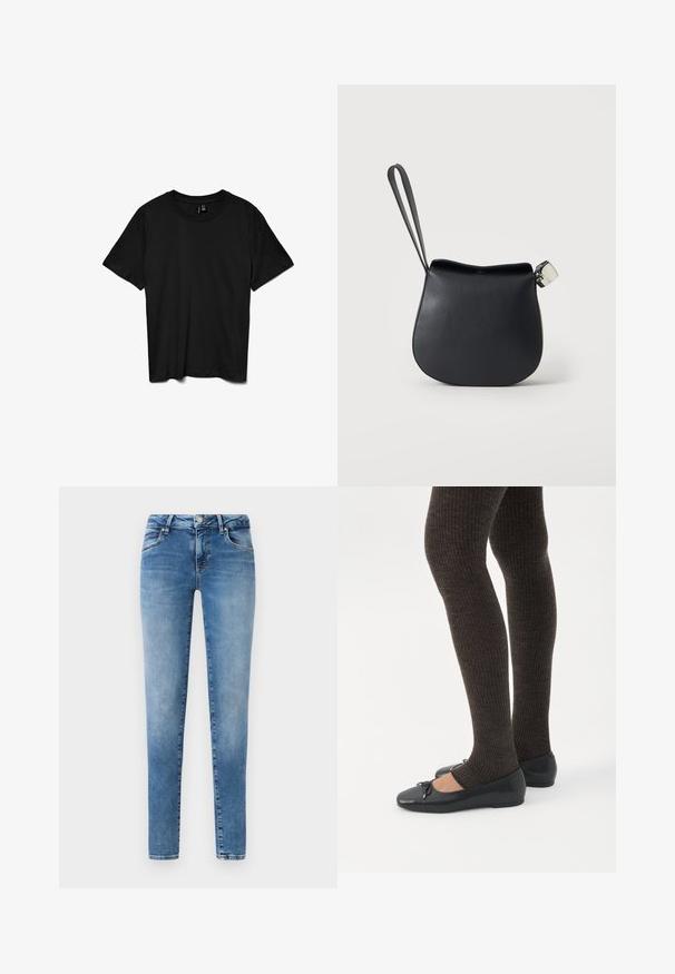 Zwart T-shirt met korte mouwen en ronde hals, effen ontwerp, plat gelegd op een witte achtergrond.; Blauwe denim jeans met een slim fit ontwerp, vijf-pocket styling en een knoopsluiting. De stof heeft een licht vervaagd textuur.; Benen met donkere geribbelde leggings gecombineerd met zwarte ballerina's met kleine strikdetails op een witte achtergrond.; Zwart leren polstasje met afgeronde bodem en zilveren gesp op een effen witte achtergrond.