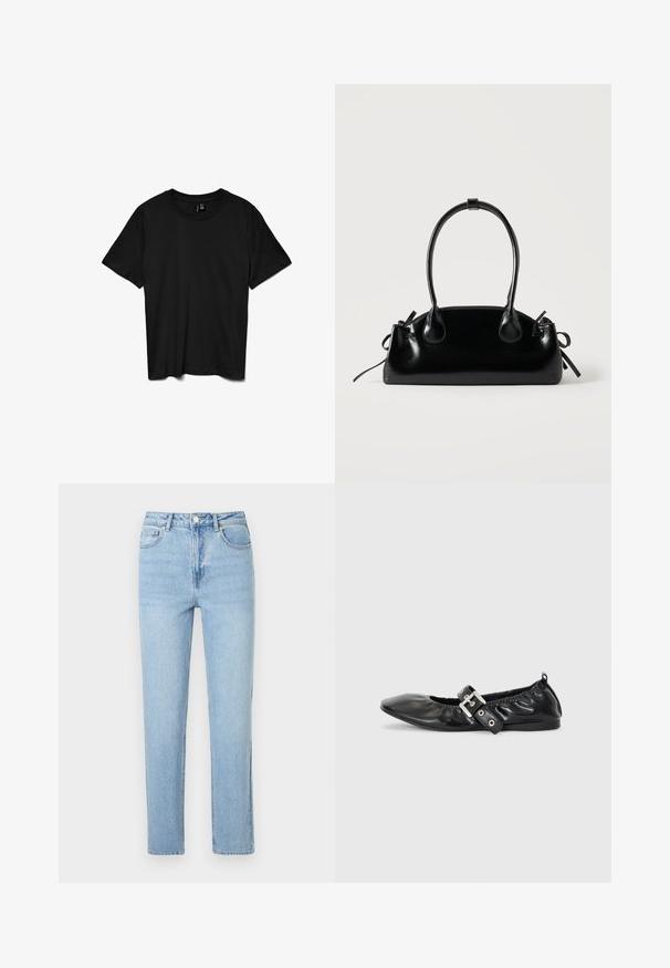 Sort t-shirt med korte ærmer og rund hals, ensfarvet design, lagt fladt på en hvid baggrund.; Lyseblå denimjeans med høj talje, lige ben, fem lommer og knaplukning; ensfarvet og med en glat tekstur hele vejen igennem.; Sorte læder flade sko med spids tå, samling detaljer omkring åbningen, og en sølv spænde accent på den justerbare rem.; Lille sort blank håndtaske med to lange håndtag og snøre-detaljer i siden på en ensfarvet lys baggrund.