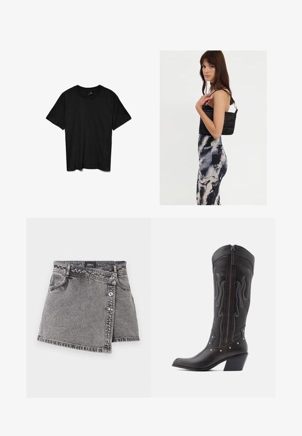 Sort t-shirt med korte ærmer og rund hals, ensfarvet design, lagt fladt på en hvid baggrund.; Grå denim mini nederdel med et asymmetrisk snit, prydet med sølvknapdetaljer og en lomme på forsiden. Blød tekstur og afslappet design.; Brune læder cowboystøvler med flammebroderi, sidelukning med lynlås, sølvnitter, spids snude og lagdelt hæl.; Sort quiltet skuldertaske med en enkelt rem og sølvhardware, parret med en tætsiddende kjole med tie-dye mønster i nuancer af sort og creme.