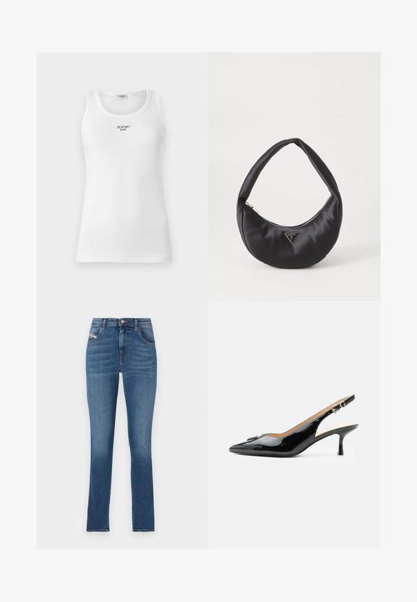 Débardeur blanc en tissu côtelé, avec un col rond et une étiquette rectangulaire avec "JOOP! JEANS" sur le devant.; Jean en denim bleu avec une coupe droite, design à cinq poches, fermeture à bouton et décoloration subtile. Texture lisse et ourlet propre.; Escarpin slingback en cuir verni noir avec bout pointu, petit talon kitten et bride à boucle argentée sur fond blanc uni.; Sac à main en satin noir avec une forme courbée, doté d'une fermeture à glissière et d'un logo triangulaire en métal à l'avant. Texture lisse et design épuré.