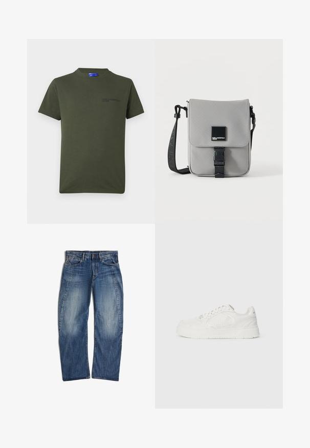 Olivenfarbene Baumwoll-T-Shirt mit kurzen Ärmeln, Rundhalsausschnitt und einem kleinen, dunkelbedruckten Logo auf der linken Brustseite. Einfaches Design.; Blaue Denim-Jeans mit verblasstem Finish, vorderem Knopf und Reißverschluss, Gürtelschlaufen und Fünf-Taschen-Design, flach auf weißem Hintergrund liegend.; Weißer Sneaker aus glattem Leder mit strukturierten Akzenten, runder Schuhspitze, Schnürung und einer dicken Sohle mit Rillen.; Graue Crossbody-Tasche mit schwarzem, verstellbarem Gurt, vordere Klappe mit schwarzer Schnalle gesichert, mit quadratischem Karl Lagerfeld Jeans Logo-Patch.