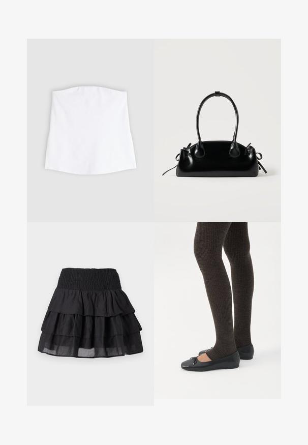 Haut bandeau blanc sans bretelles, aux bords droits, posé à plat sur un fond gris clair.; Jupe noire à volants avec une taille smockée. Elle présente trois couches de volants et un tissu léger pour un look fluide.; Jambes portant des leggings côtelés foncés associés à des ballerines noires avec de petits détails en nœud sur fond blanc.; Petit sac à main noir brillant avec deux longues anses et des détails à cordon sur les côtés sur un fond clair uni.