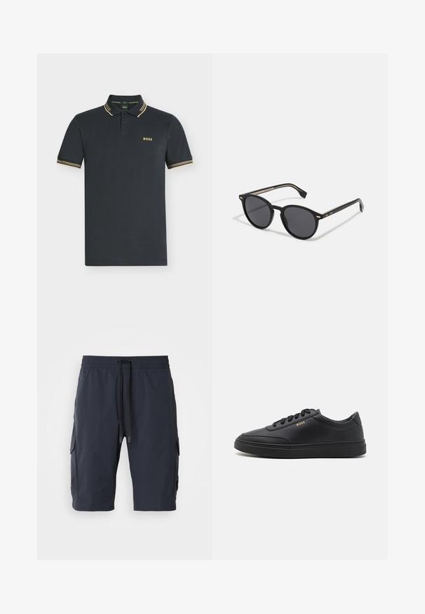 Polo bleu marine foncé à manches courtes avec des doubles rayures beige sur le col et les manches, avec le logo « BOSS » sur la poitrine gauche.; Shorts cargo navy avec une taille élastique, un cordon de serrage à l'avant, des poches latérales et une texture douce. Tissu durable adapté à un usage décontracté.; Baskets en cuir noir avec une texture lisse, bout rond, semelle en caoutchouc plate et lacets ton sur ton. Présente une marque "BOSS" dorée sur le côté.; BOSS Lunettes de soleil - black