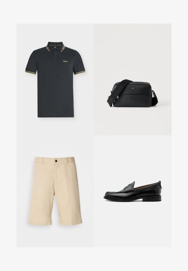 Donker marineblauw polohemd met korte mouwen en beige dubbele strepen op kraag en mouwen, met het "BOSS"-logo op de linkerborst.; Beige shorts gemaakt van lichte stof, met een platte voorkant, een standaard tailleband met knoopsluiting en een rechte zoom.; Zwarte leren herensloffen met moc toe stiksel, pennyriem, gestructureerde kraag en lage gestapelde hak op witte achtergrond.; Zwarte gestructureerde leren crossbodytas met voorvak met ritssluiting en verstelbare brede stoffen schouderband op een witte achtergrond.