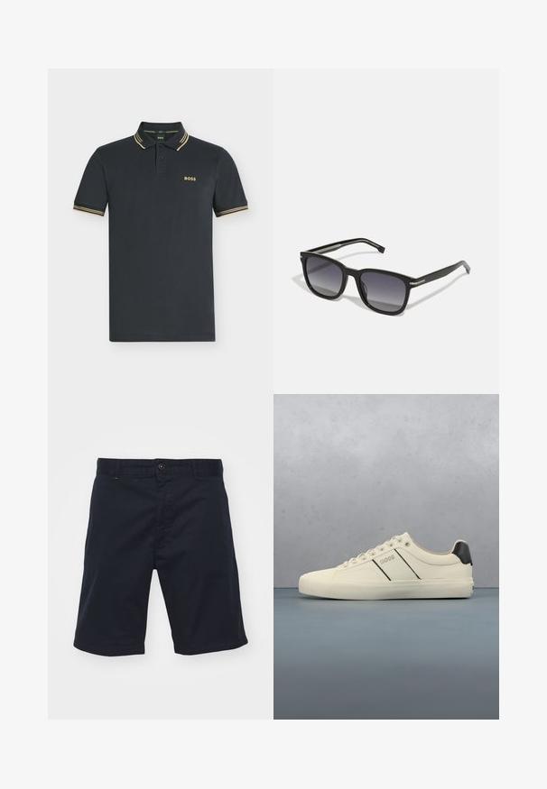 Mørk marineblå kortærmet polo med beige dobbelte striber på krave og ærmer, med "BOSS" logo på venstre bryst.; Mørkeblå bomuldsshorts med knaplukning, lige snit og forlommer. Har en glat overflade og enkelt design.; Cremefarvede sneakers med en glat tekstur, der har sorte accenter og branding. Klassisk snørebåndsdesign med rund tå og gummisål.; BOSS Solbriller - black