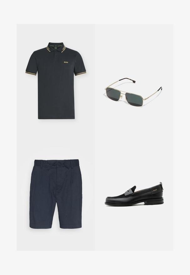 Donker marineblauw polohemd met korte mouwen en beige dubbele strepen op kraag en mouwen, met het "BOSS"-logo op de linkerborst.; Navyblauwe linnen shorts met een elastische tailleband, een koordsluiting en twee voorplooien. Heeft een ontspannen pasvorm en omgeborde benen.; Zwarte leren loafer met grijs riemdetailelement, lage hak en gestructureerde zool, aan de zijkant gebrandmerkt met "HUGO" in goud.; Zonnebril met een gouden metalen frame, rechthoekige vorm, donkergroene lenzen en een strak ontwerp met zwarte accenten op de uiteinden van de poten.