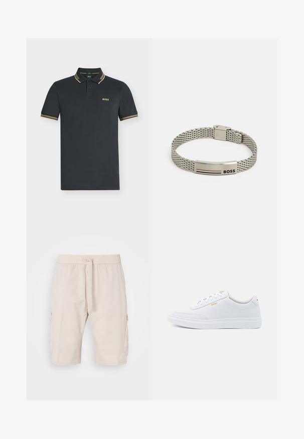 Donker marineblauw polohemd met korte mouwen en beige dubbele strepen op kraag en mouwen, met het "BOSS"-logo op de linkerborst.; Beige cargoshorts met een elastische tailleband en trekkoord, voorzien van twee zijzakken en een soepele, lichte stof.; Witte leren sneakers met een gladde textuur, ronde neus en tonale stiksels. Voorzien van blauwe veters en een gouden logo op de zijkant.; Zilveren gaasarmband met een gebogen metalen plaat, gegraveerd met "BOSS" en drie gekleurde strepen. Verstelbaar sluitingsontwerp.