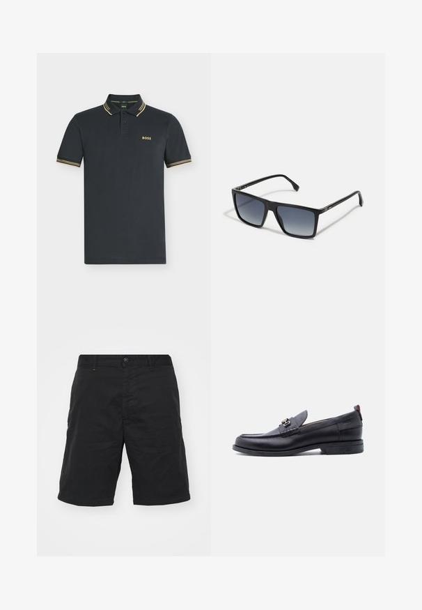 Donker marineblauw polohemd met korte mouwen en beige dubbele strepen op kraag en mouwen, met het "BOSS"-logo op de linkerborst.; Zwarte shorts van lichtgewicht stof, met een knoopsluiting, riemlussen en een rechte snit. Eenvoudig ontwerp zonder zichtbare patronen.; Zwarte leren loafer met grijze, gestructureerde vamp, zilveren metalen gesp, lage hak en trekkoord aan de achterkant.; Zwarte rechthoekige zonnebril met een vervaagde tint van donker naar licht op de glazen. Plastic montuur met een slank ontwerp en minimale hardware-details aan de zijkanten.