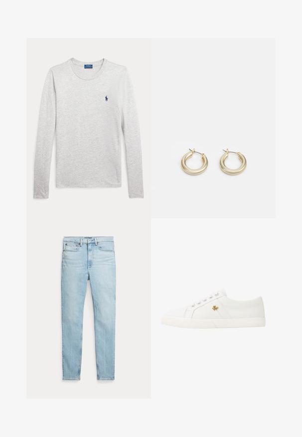 Camisa de manga larga gris clara con cuello redondo y pequeño logotipo de Polo Ralph Lauren en azul marino bordado en el pecho izquierdo.; Vaqueros pitillo de tiro alto de color azul claro con cinco bolsillos y cierre de botones sobre un fondo blanco liso.; Lauren Ralph Lauren JANSON II CANVAS SNEAKER - Zapatillas - optic white; Lauren Ralph Lauren BASIC SMALL HOOP - Pendientes - gold-coloured