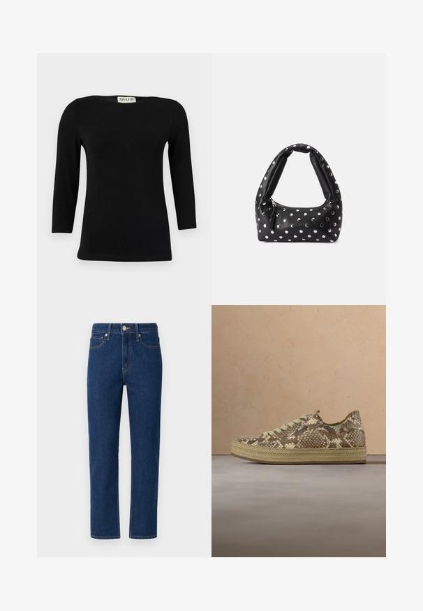 Top de algodón negro de manga larga con escote barco y forma ajustada. Textura suave con un ligero brillo, sin patrones ni acentos distintivos.; Jeans de mezclilla azul oscuro con corte recto, que cuentan con un cierre de botón en la parte frontal, pasadores para cinturón y dos bolsillos frontales. Tejido texturizado.; Zapatilla ligera con un patrón texturizado de piel de serpiente en beige y marrón, con un diseño de cordones color crema y suela tejida.; Bolso de cuero negro con un asa curva, adornado con puntos plateados y un cierre de cremallera en un lado.