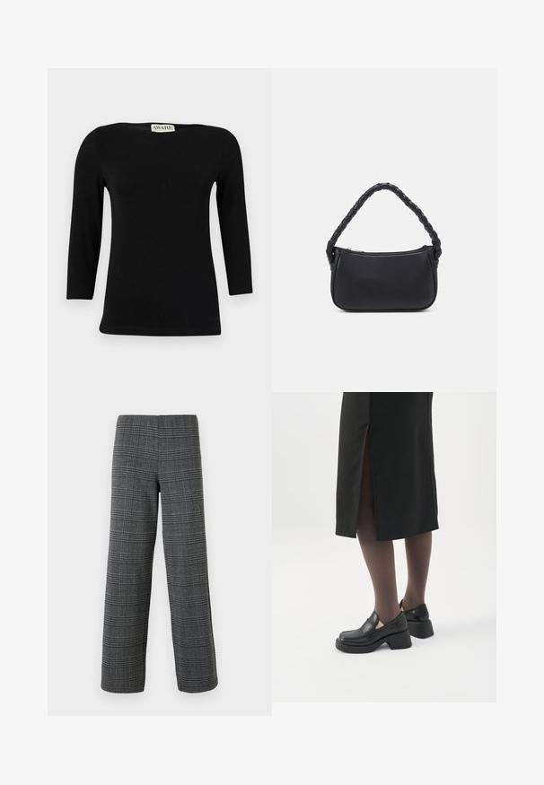 Sort langærmet bomuldsbluse med bådudskæring og tætsiddende pasform. Glat tekstur med en subtil glans, ingen tydelige mønstre eller detaljer.; Vero Moda VMBERLIN WIDE PANT - Bukser - dark grey/black; Kvinde iført sorte loafers med chunky hæl, sorte tynde strømpebukser og en sort nederdel med slids bagpå på hvid baggrund.; Sort håndtaske med en rund form, lavet af glat materiale. Har et flet håndtag og en lynlåslukning for sikker opbevaring.