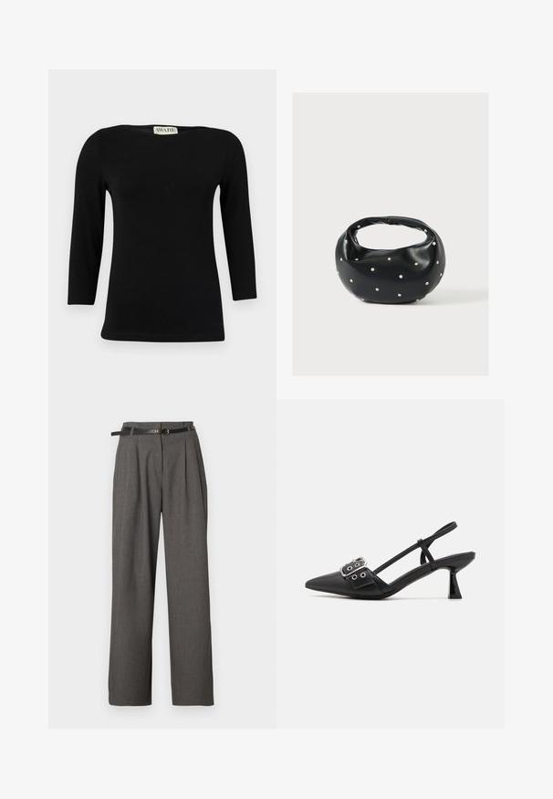 Zwarte katoenen top met lange mouwen, die een bootuitsnijding heeft en een getailleerde pasvorm. Soepele textuur met een subtiele glans, zonder duidelijke patronen of accenten.; Grijze pantalon met hoge taille, plooien en zijzakken, gestyled met een dunne zwarte riem met een ronde gouden gesp.; Simmi London DALA - Klassieke pumps - black; Zwarte leren handtas met een afgeronde vorm, versierd met zilveren studs, en een korte handgreep. Gladde textuur en ritsluiting.