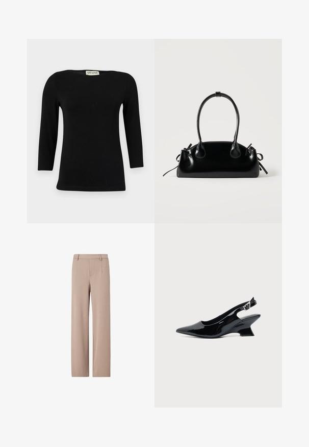 Zwarte katoenen top met lange mouwen, die een bootuitsnijding heeft en een getailleerde pasvorm. Soepele textuur met een subtiele glans, zonder duidelijke patronen of accenten.; Beige broek met hoge taille en wijde pijpen, met riemlussen, voorplooien en een verborgen voorzijde sluiting.; Zwarte lakleren slingback schoen met spitse neus en lage schuine blokhak op een effen lichte achtergrond.; Kleine zwarte glanzende handtas met twee lange hengsels en zijkant trekkoord details op een effen lichte achtergrond.