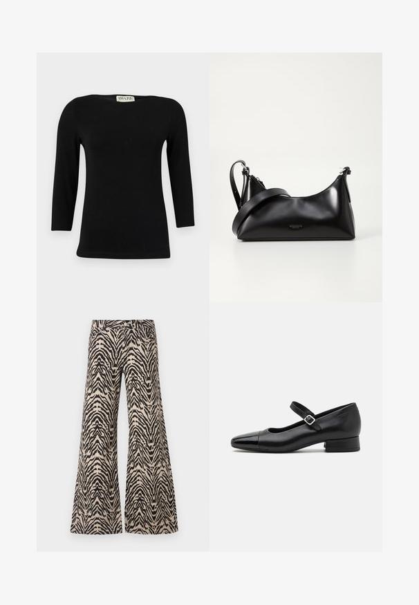 Top de algodón negro de manga larga con escote barco y forma ajustada. Textura suave con un ligero brillo, sin patrones ni acentos distintivos.; Pantalones de pierna ancha hechos de una tela con un patrón de cebra en color beige y negro, con una cintura alta y un diseño tradicional de cinco bolsillos.; Zapatos Mary Jane de cuero negro con puntera de charol, correa de tobillo ajustable y tacón bajo. Textura suave y diseño elegante.; Bolso de mano de cuero negro con una textura suave. Cuenta con una correa ajustable y un diseño elegante y minimalista con cierre de cremallera.