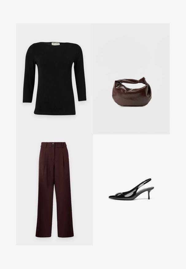 Zwarte katoenen top met lange mouwen, die een bootuitsnijding heeft en een getailleerde pasvorm. Soepele textuur met een subtiele glans, zonder duidelijke patronen of accenten.; Wijde broek in donker bordeaux, met een hoge taille, twee voorkreuken en een sluiting met twee knopen. Gemaakt van gestructureerde stof.; Zwarte gepatineerde leren slingback hakken met een puntige neus en een glanzende afwerking. Heeft een slanke hak en een ronde accent op de bovenkant.; Donkerbruine leren schoudertas met een zachte, slungelige vorm en een gedraaide knoopvormige handgreep op een effen witte achtergrond.