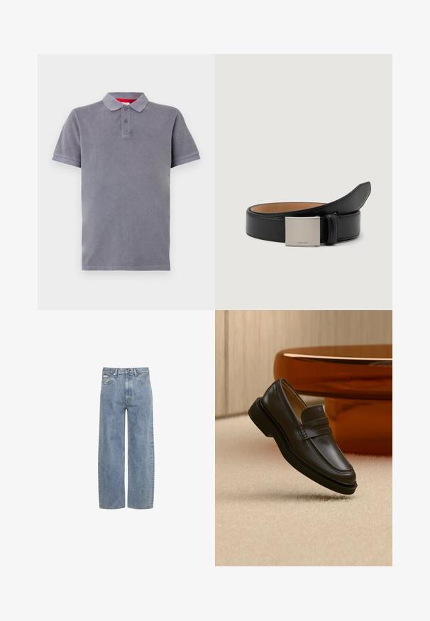 Polo gris avec une texture douce, patte de boutonnage à trois boutons, manches courtes et un logo discret sur la poitrine. Accentué par un col intérieur rouge.; Jean bleu clair droit avec fermeture éclair et bouton à l'avant, passants de ceinture et design cinq poches.; Mocassin en cuir noir flottant au-dessus d'un tapis beige avec des meubles arrondis marron en arrière-plan.; Ceinture en cuir noir au fini lisse, avec une boucle carrée en argent gravée "Calvin Klein" et une doublure intérieure en marron.