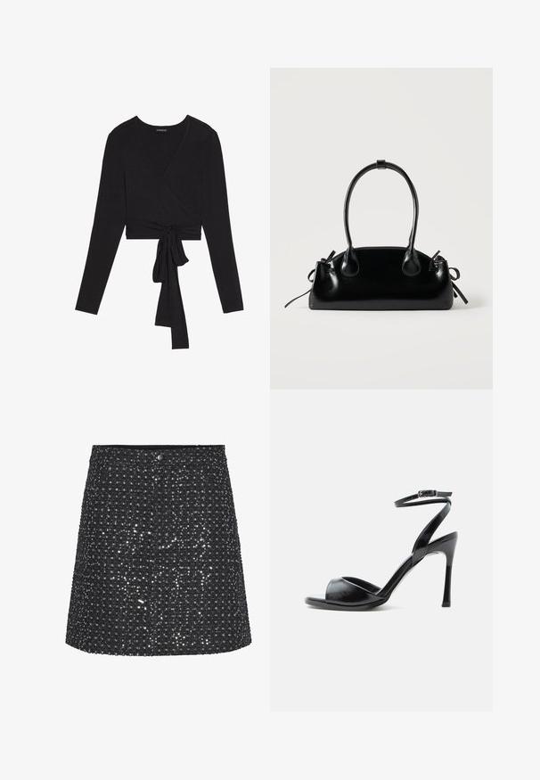 Even&Odd by Zalando T-shirt à manches longues - black; Jupe noire au design structuré, en tissu texturé orné de sequins métalliques qui créent un effet scintillant.; Sandale noire à talon haut avec bout ouvert, talon stiletto fin et bride de cheville avec boucle sur fond blanc.; Petit sac à main noir brillant avec deux longues anses et des détails à cordon sur les côtés sur un fond clair uni.