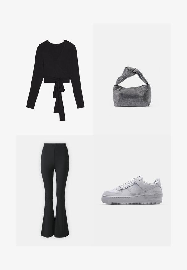 Even&Odd by Zalando T-shirt à manches longues - black; Pantalons noirs évasés en tissu extensible. Présentent une taille haute et un design lisse et ajusté qui s'évase à partir du genou.; Basket en cuir lisse gris Nike Air Force 1 avec un bout perforé, une semelle épaisse et un détail 'AIR' en relief sur le talon.; Sac à main noir et argent avec une surface texturée affichant un motif en diamant, une anse nouée et une forme structurée.
