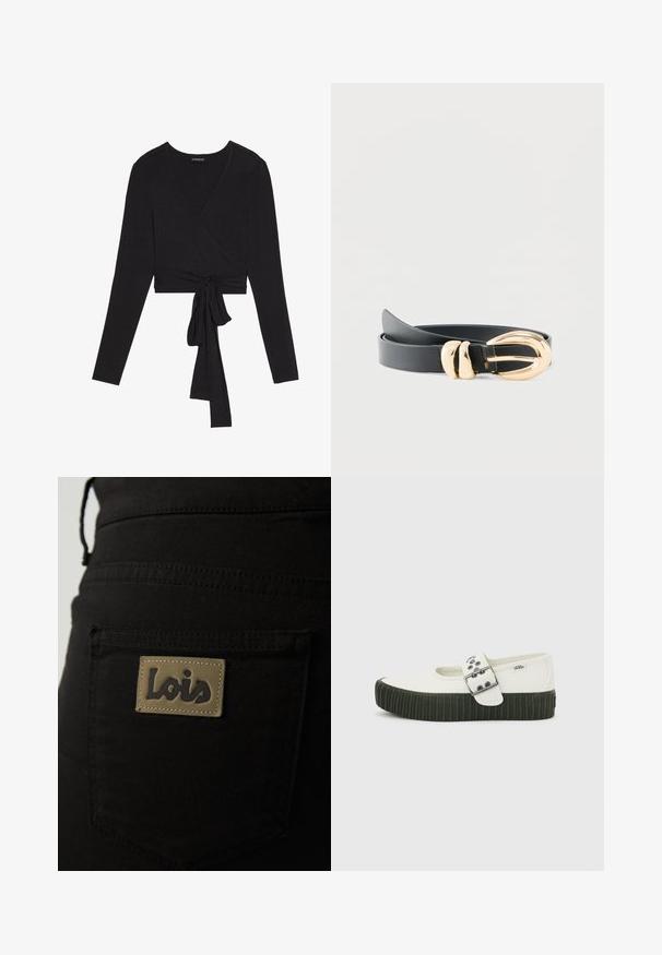 Even&Odd T-shirt à manches longues - black; Pantalons en tissu noir dotés d'une poche arrière avec une étiquette beige embossée du mot "Lois" en lettres foncées. Détails de couture visibles.; Chaussure Mary Jane blanche Vans avec semelle épaisse noire côtelée et large bride à boucle argentée sur fond gris uni.; Ceinture en cuir noir enroulée, dotée d'une boucle incurvée dorée brillante et de deux boucles dorées assorties sur un fond clair.