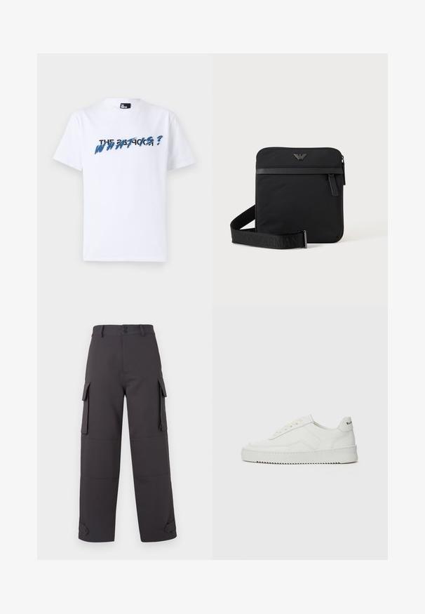 T-shirt en coton blanc à manches courtes ; présente un texte graphique en bleu et noir disant "QU'EST-CE QUE C'EST ?" sur la poitrine. Texture douce.; Pantalons cargo gris foncé, fabriqués en tissu lisse, dotés de deux poches latérales et de fermetures à boutons. Coupe ample avec des ourlets côtelés.; Baskets en cuir blanc avec une finition lisse, bout arrondi, lacets plats et semelle texturée. Présente un logo discret sur le talon.; Sac bandoulière carré noir avec fermeture éclair, poche avant et sangle réglable avec nom de marque embossé.