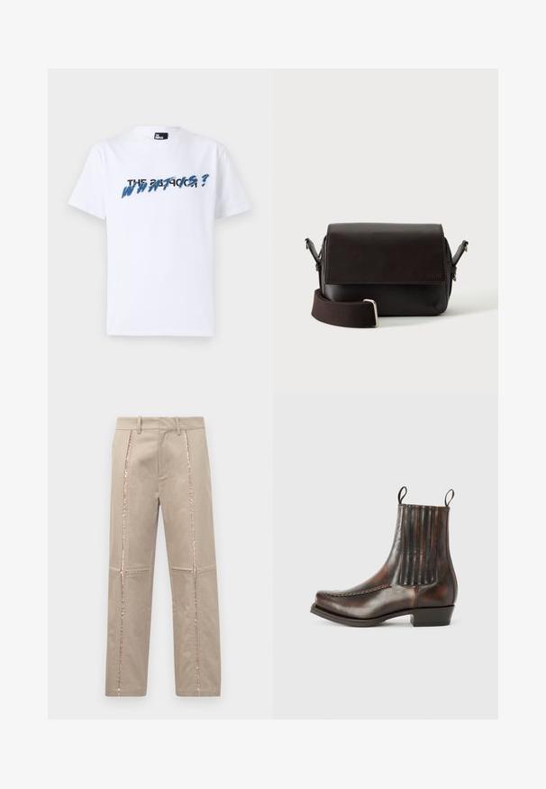 Λευκό βαμβακερό t-shirt με κοντά μανίκια; διαθέτει γραφιστικό κείμενο σε μπλε και μαύρο που αναγράφει "ΤΙ ΕΙΝΑΙ;" στο στήθος. Μαλακή υφή.; Μπεζ παντελόνι με ίσια γραμμή, διακοσμημένο με χρυσά ροζ στρας στις πλαϊνές ρίγες και διακριτές ραφές στα πόδια.; Καφέ δερμάτινη μπότα αστραγάλου με λείο φινίρισμα, ελαστικές πλαϊνές ραφές, στρογγυλή μύτη, διακοσμητική ραφή και χαμηλό τετράγωνο τακούνι.; Σκουρόκαφέ δερμάτινη τσάντα ώμου με κλείσιμο με καπάκι και ρυθμιζόμενο υφασμάτινο ιμάντα σε λευκό φόντο.