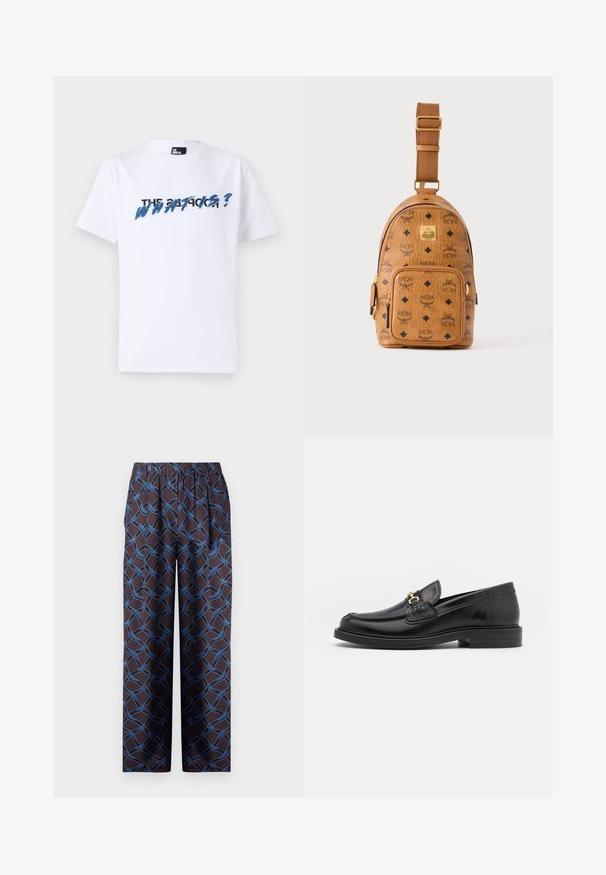 Witte katoenen t-shirt met korte mouwen; heeft grafische tekst in blauw en zwart met de tekst "THE WHAT IS?" over de borst. Zachte textuur.; Wijde broekspijpen in donkere stof, met een geweven blauw patroon. De elastische tailleband zorgt voor comfort. Glad textuur met geometrische accenten.; Zwarte leren instappers met een ronde neus, voorzien van een gouden hardware accent en stikdetails, geplaatst op een lage, getextureerde rubberen zool.; Kleine lichtbruine leren crossbodytas met verstelbare schouderriem, voorvak met rits en herhalend zwart MCM-logo patroon.