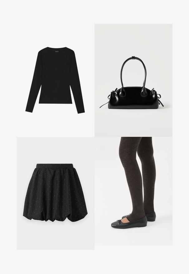 T-shirt noir à manches longues en maille côtelée avec un col rond et une silhouette ajustée. Le tissu a une texture lisse et une qualité extensible.; Jupe bulle noire avec une taille élastique et un motif de pois blancs. Fabriquée en tissu léger, elle présente un design volumineux et un ourlet arrondi.; Jambes portant des leggings côtelés foncés associés à des ballerines noires avec de petits détails en nœud sur fond blanc.; Petit sac à main noir brillant avec deux longues anses et des détails à cordon sur les côtés sur un fond clair uni.