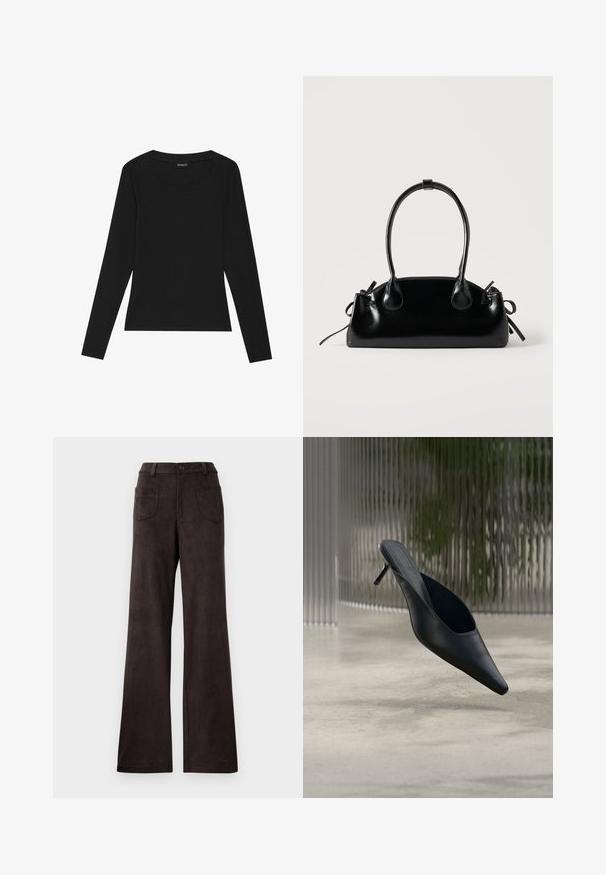 T-shirt noir à manches longues en maille côtelée avec un col rond et une silhouette ajustée. Le tissu a une texture lisse et une qualité extensible.; Pantalons à large jambe marron en tissu doux et texturé. Les caractéristiques incluent une fermeture à bouton et deux poches avant.; Mule noire à bout pointu avec un talon fin et haut flottant au-dessus d'un sol en béton lisse, avec un arrière-plan flou à rayures verticales.; Petit sac à main noir brillant avec deux longues anses et des détails à cordon sur les côtés sur un fond clair uni.