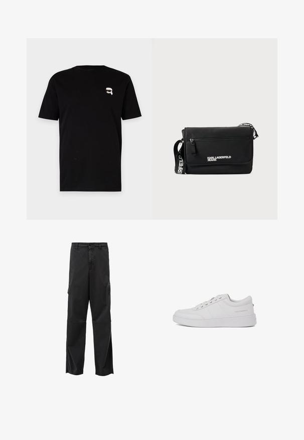 Sort bomulds t-shirt med korte ærmer, der har et lille hvidt grafisk motiv af en karakter med briller på venstre bryst. Klassisk crew neck design.; Sorte cargo bukser med lige skæring, knaplukning og sidelommer. Glat stof med mat finish og uden synlige mønstre.; Hvide lædersneakers med et klassisk lavtop-design, flad sål og subtilt brandlogo på hælen. Har fem metaløjer til snørebånd.; Sort messenger-taske lavet af glat nylon. Har justerbar rem, frontlomme med lynlås og hvidt trykt logo. Rektangulær form med minimalistisk design.