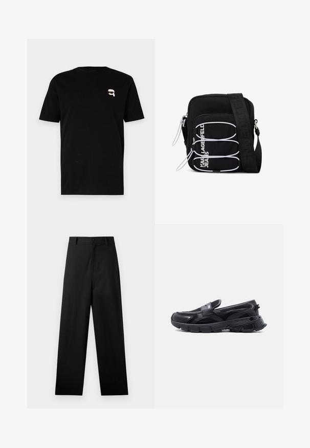 Schwarzes Baumwoll-T-Shirt mit kurzen Ärmeln, das auf der linken Brust ein kleines weißes Grafik eines Charakters mit Brille zeigt. Klassisches Rundhals-Design.; Schwarze Baumwollhosen mit geradem Bein, ausgestattet mit einem vorderen Knopfverschluss und Seiten Taschen. Glatte Textur, keine Muster.; Schwarzer Slip-On-Sneaker mit dicker, strukturierter Sohle und Mesh-Einsätzen, entworfen für Freizeit- und Sportkleidung.; Schwarze Umhängetasche mit weißen elastischen Schlaufen, Reißverschlüssen und weißem "KARL LAGERFELD JEANS"-Schriftzug auf der Vorderseite.